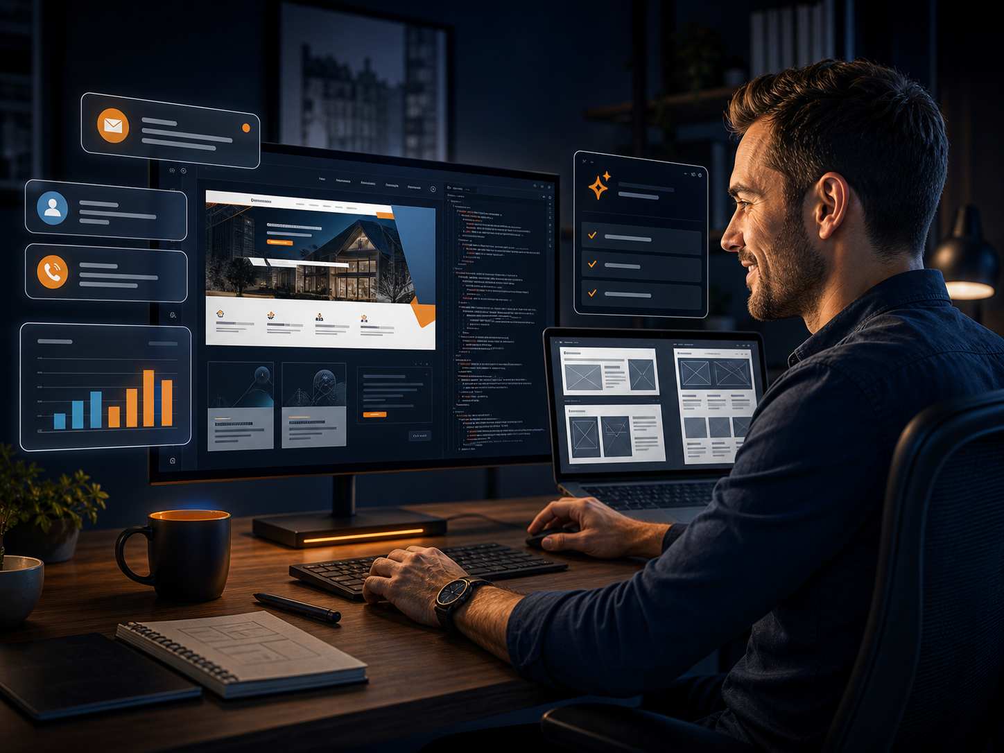 AI-assisted website and lead system workspace illustration